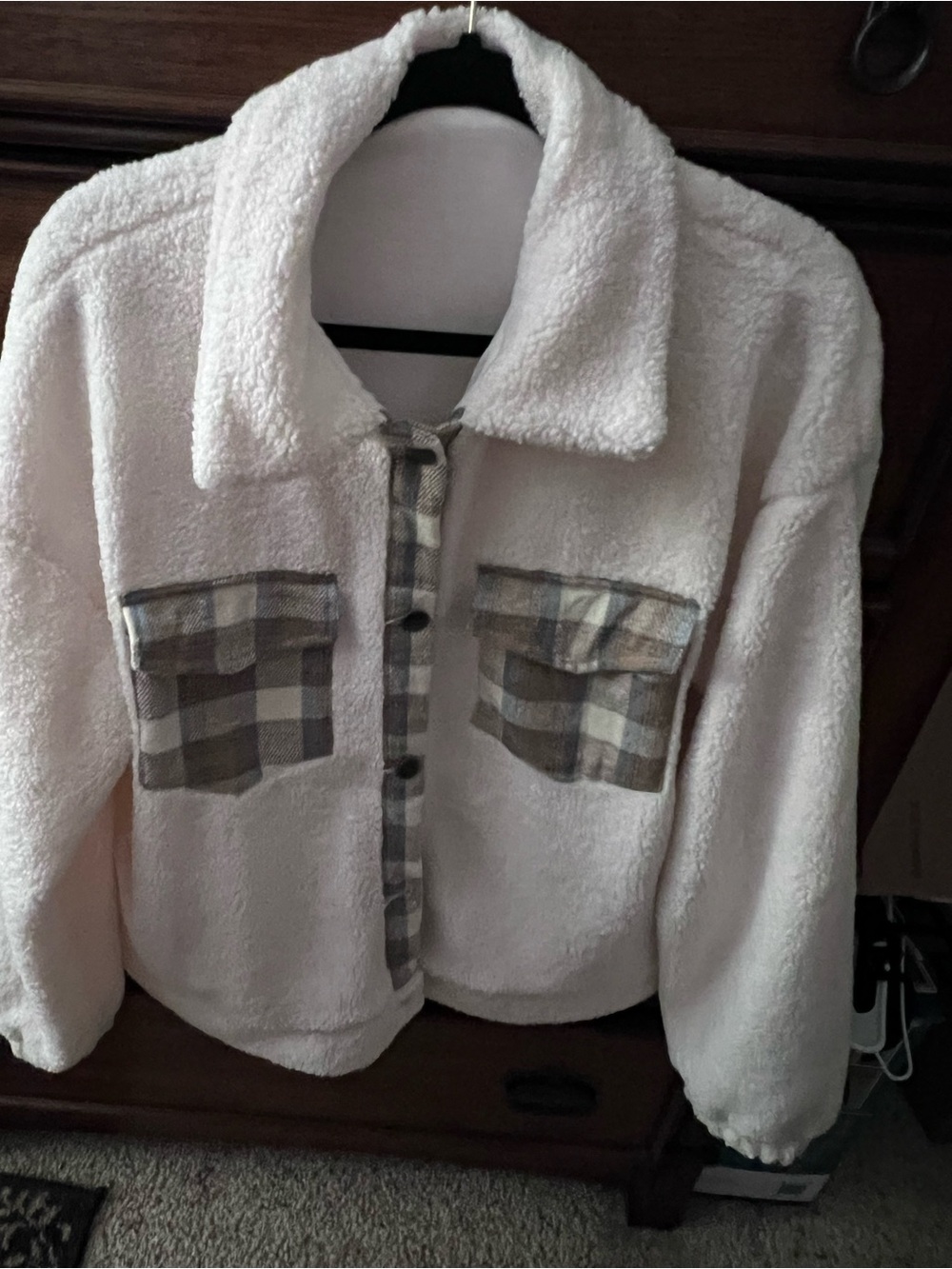 Cream Teddy Jacket with Plaid Pocket Accents